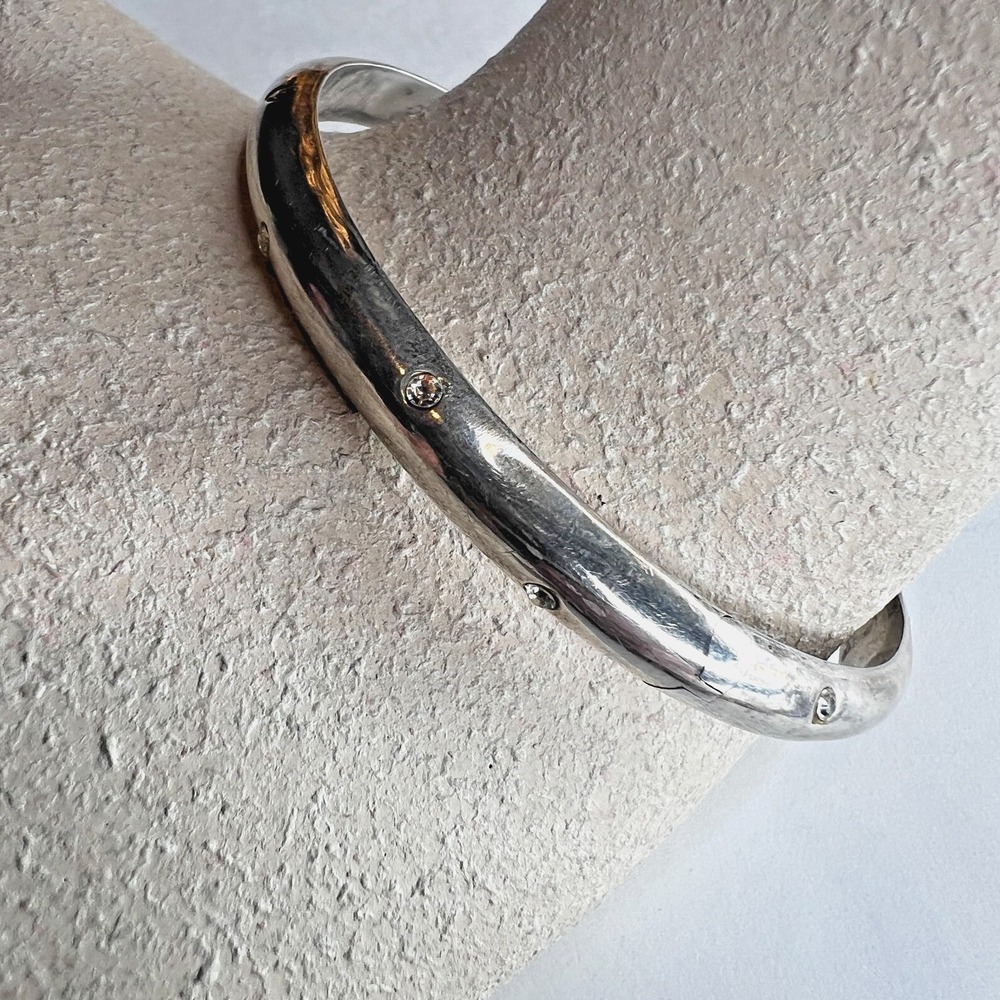 Vintage 925 Sterling Silver Hinged Bangle Bracelet‎ Flush Set Crystal Accent